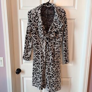 Fever Brown Cream Damask Print Long Sleeve Button Front Duster Cardigan Jacket M